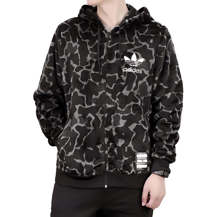 adidas Originals Clover Camouflage Fleece-Lined Warm Hoodie Jacket Men Jackets Dark-Brown CD1716