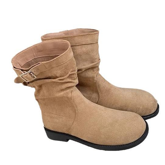 Grape mother autumn and winter new retro short boots Korean version pleated piling boots comfortable thick-soled Martin boots wear thin boots