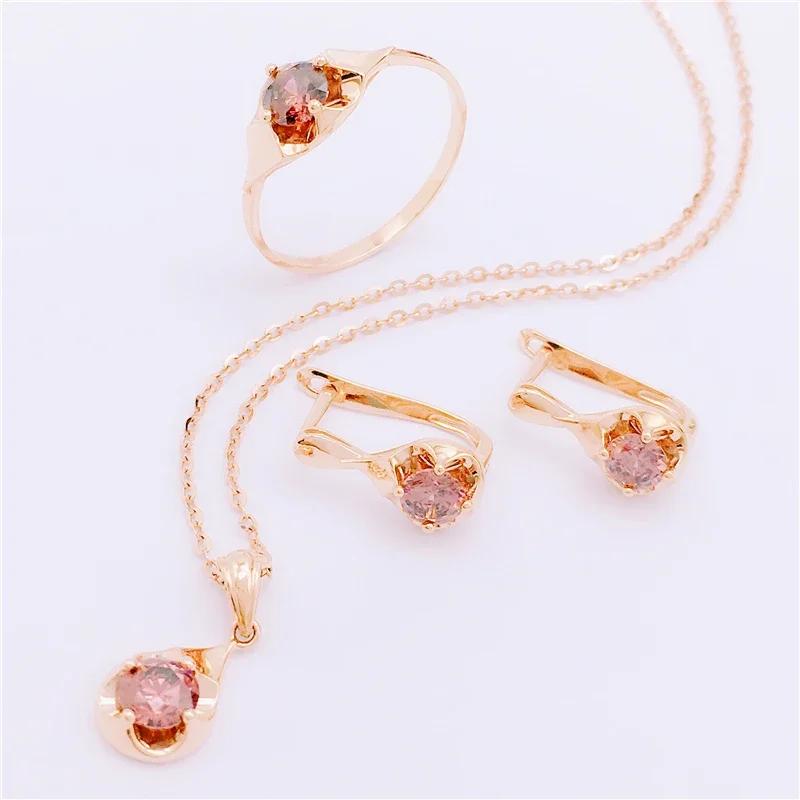 

Простые и свежие наборы с мелкими цветами из рубина и циркона для женщин, классический стиль, с медным покрытием из розового золота, свадебное колье, серьги, кольцо