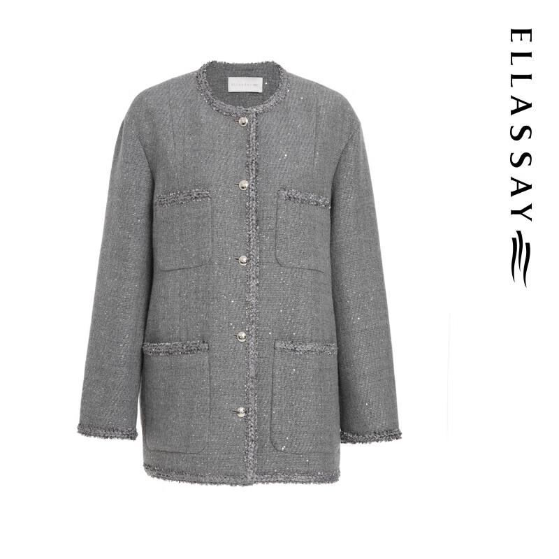 ELLASSAY 2025 Autumn French Style Lamb Wool Tweed Round Neck Coat
