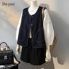 She Chi Women's Round Neck Contrast Stitch Denim Vest