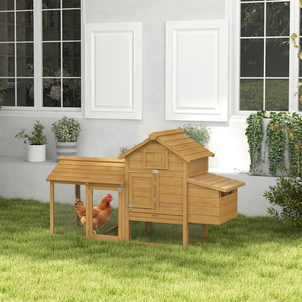 Prefabricated Wooden Chicken Coop for 2 Hens with Enclosure and Nesting Box, 151.5x54x87cm
