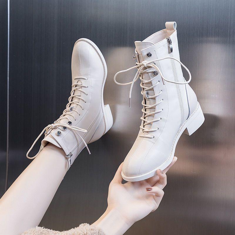 Echtes weiches Leder 2025 neue Martin-Stiefel weichsohlige Lederstiefel Frühling und Herbst britische vielseitige niedrigabsatzige kurze Stiefel beige dünne Stiefel