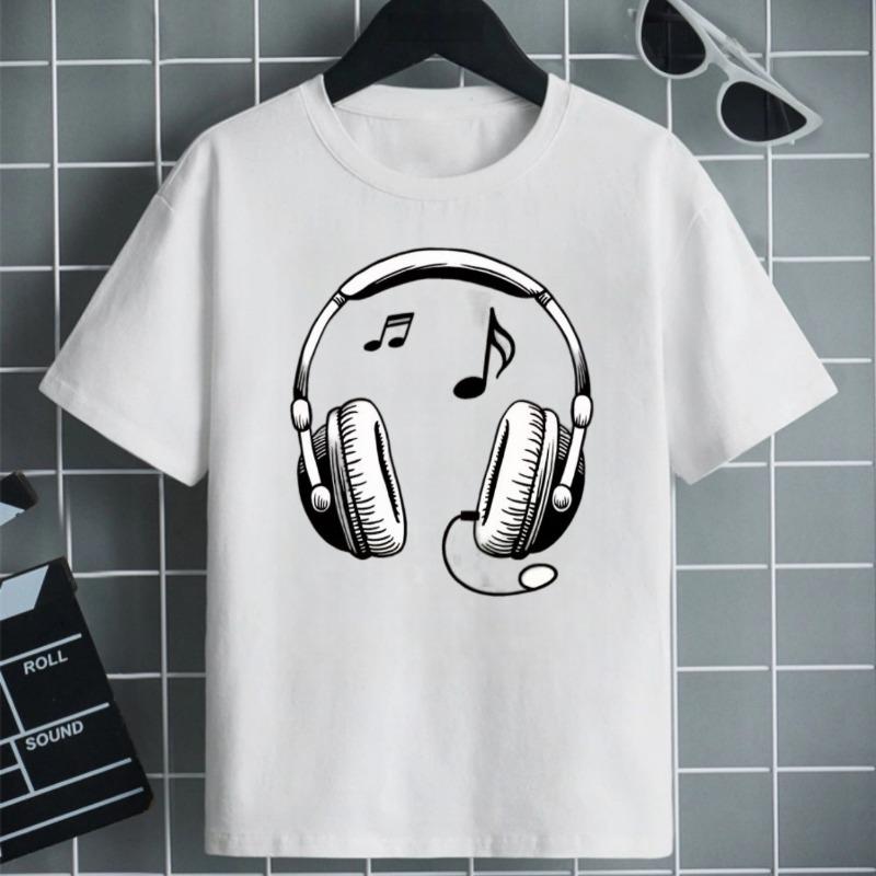 Kinder Baumwolle T-Shirt mit Kopfhörer-Print, Rundhals, Kurzarm