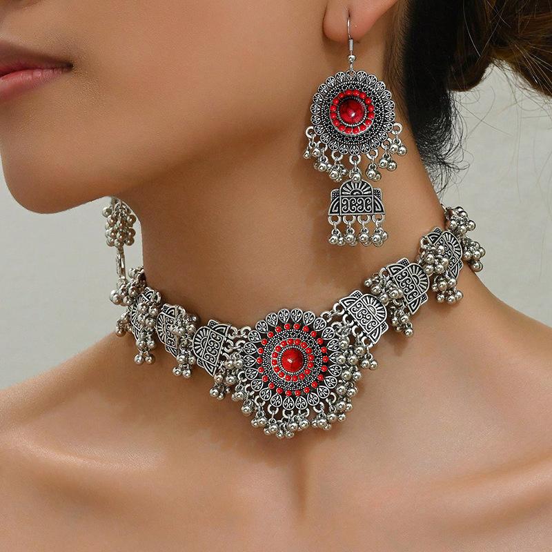

Fashion Gemstone Tassel Necklace Earrings Set for Women , Vintage Geometric Alloy Jewelry красный