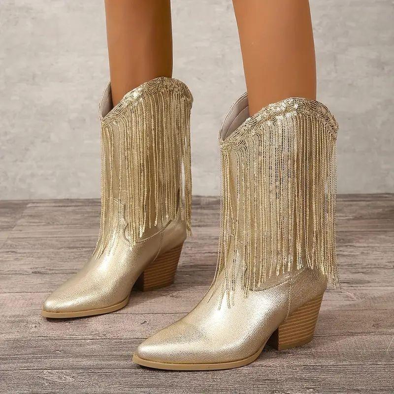 Women's Boots Tassels Square Heel Velvet Ankle Boot Sequin Fashion Women Silver Gold Pink Pointed Toe Mid-calf Boots Size 31-35