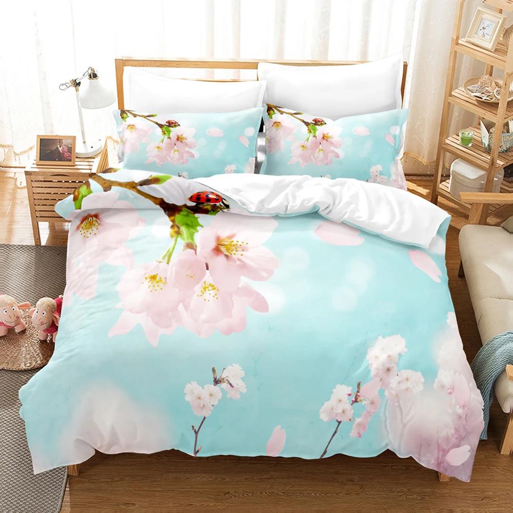 Pale Pink Duvet Cover Set Sakura Branch With Cherry Flowers Tender Japanese Spring Decorative Bedding Set King Size Green