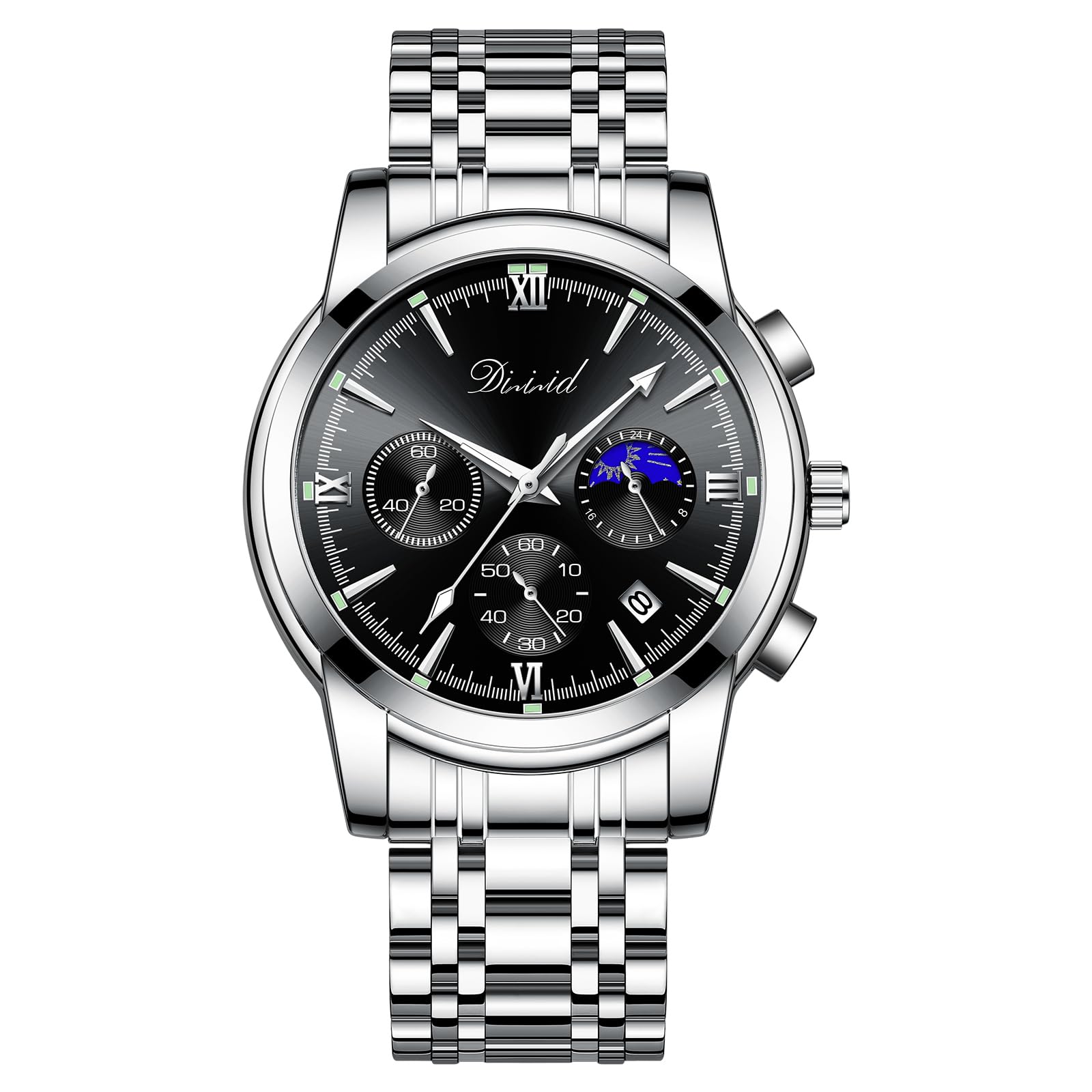 

DIZIZID Мужские кварцевые часы-хронограф Популярные деловые часы Стильные многофункциональные часы Нержавеющая сталь Водонепроницаемость 3 АТМ Дата Люминесцентные
