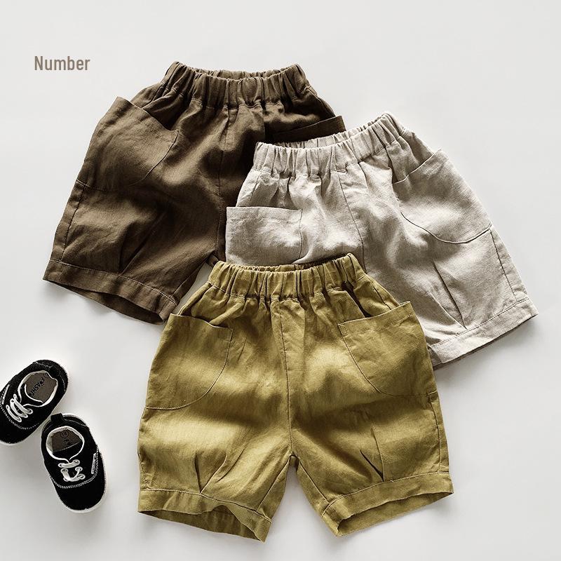 

2025 Summer Retro Linen Shorts for Kids: Unisex Korean Style with Personality Pocket, Mid-Length 100 cm