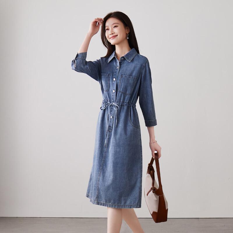 SOFSIL Women's Belted Long Sleeve Denim Midi Dress