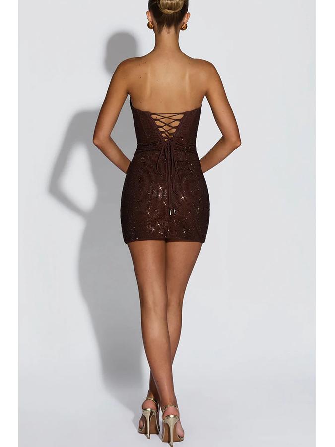 Women's Sleeveless Sequined Off-shoulder Hip-hugging Dress with Lace-up Detail 8227