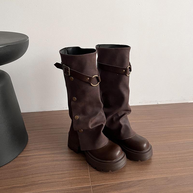

Black retro thick heel platform boots women s shoes 2025 new autumn British style thin but knee trouser boots 40 коричневый
