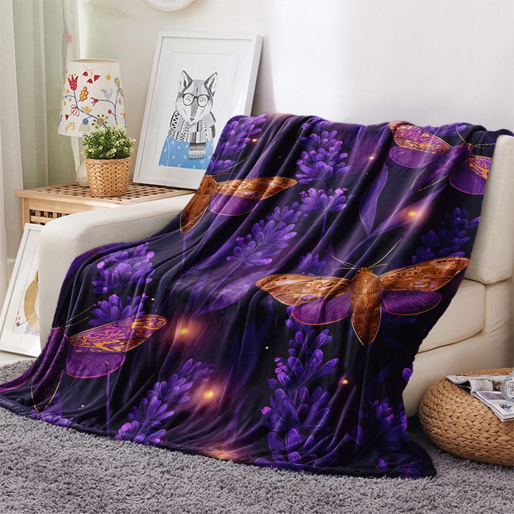Purple Flower Butterfly  Print Flannel Blanket, High quality Comfortable for All Seasons, Home Decor, Warmth and Comfort