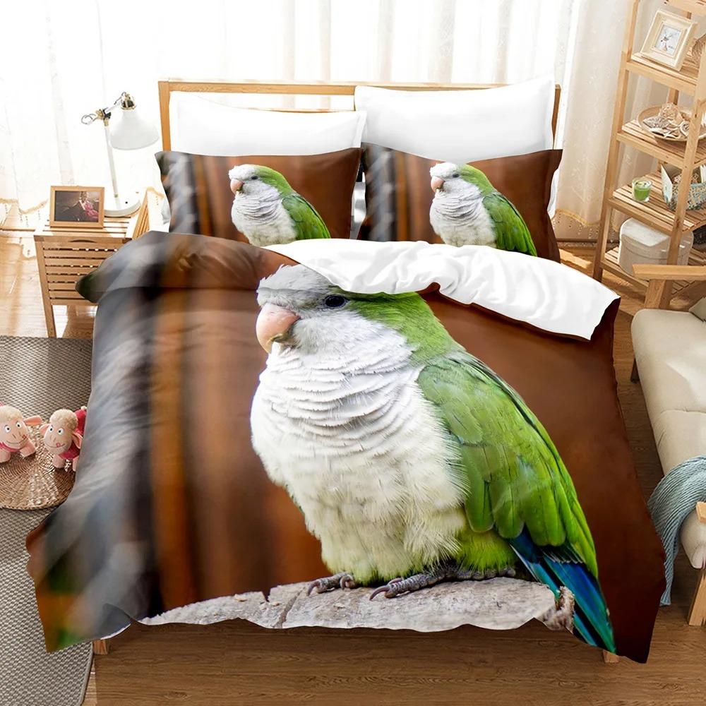 Parrot Duvet Cover Set King/Queen Size, Lovely Gray Parrot Themed Bedding Set For Kids Adults, Trees Bird Duvet Cover, Green