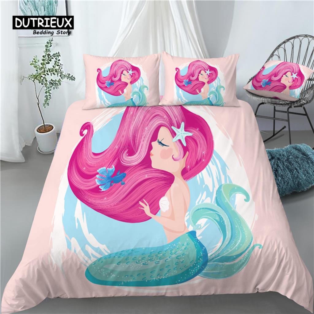 

Home Living Luxury 3D Cartoon Mermaid Print 2/3Pcs Comfortable Duvet Cover PillowCase Bedding Sets Queen and King EU/US/AU Size EU single(135x200cm)