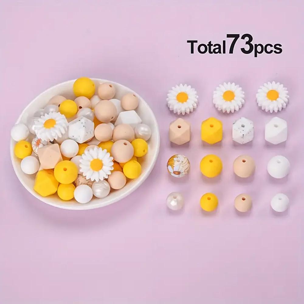 73/79PCS daisy silicone beads, 12/14/15mm round printed silicone beads in bulk, DIY keychain bracelet jewelry making