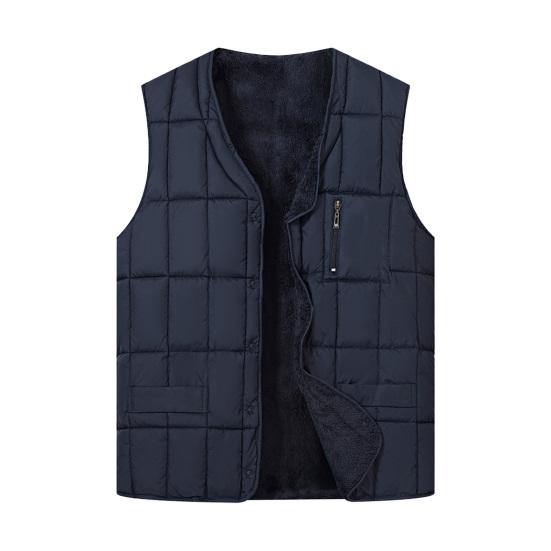 Men Waistcoat V-Neck Sleeveless Single Breasted Quilted Vest Coat with Zipper Pockets Solid Color Plush Lining Thickened Thermal Vest Jacket