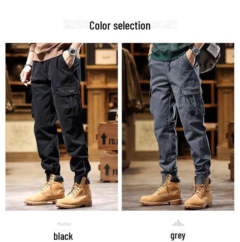 Men's Retro Skinny Cotton Overalls - Spring/Autumn, Wear-Resistant, Multi-Pocket Casual Pants