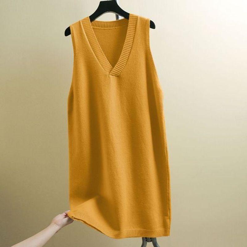 

V-collar Loose Medium-Long Waistcoat Skirt V Neck Loose Medium Length Jumper Dress Yellow One size