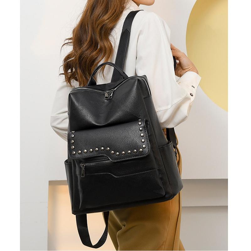 European and American Retro Versatile Women's Backpack High Quality Soft PU Leather College Student Rucksack Trendy Fashion Rivet Outdoor Travel Bag