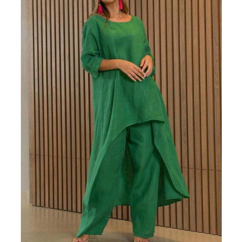 2023 Plus Size Women's Cotton Linen Irregular Two-Piece Long Sleeve Top Set