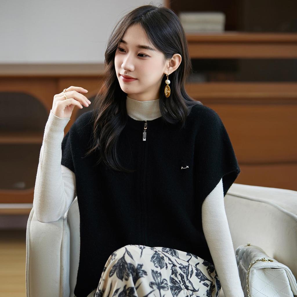 Women's Pure Wool Knit Vest Cardigan - Round Neck, Drop Shoulder, Loose Fit, Sleeveless, Zipper Jacket