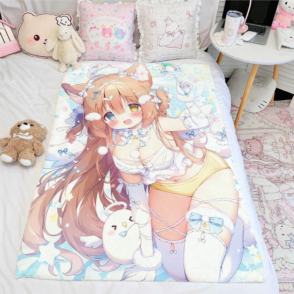 Japanese Style Spotlight Pink Cat Girl Anime Blanket Cute Paw Design Custom Printed Fleece Blanket for Bedroom Sofa Home Decor
