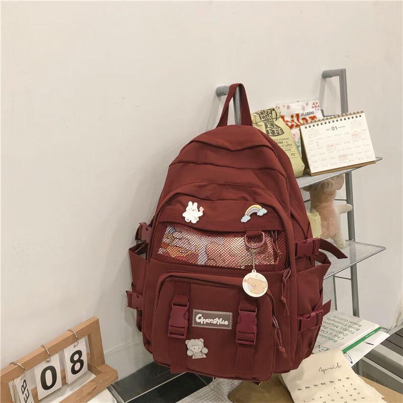 Korean Style Multi-layer Student Backpack with Laptop Compartment School Bag + Badge + Pendant