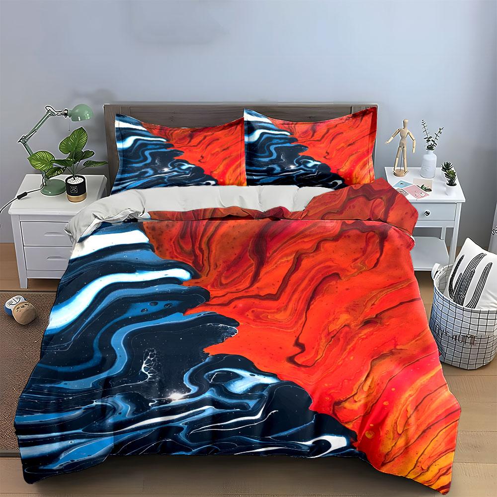 3Pcs Fire and Water Fluid Art Bedding Set, Red and Blue Abstract Print Duvet Cover + 2 Pillowcases, Bold Decor