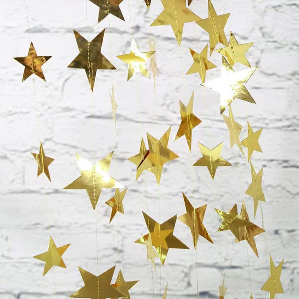 Glitter Gold Star Garland - 104 Ft Banner Backdrop for New Year, Birthday, Wedding & Party