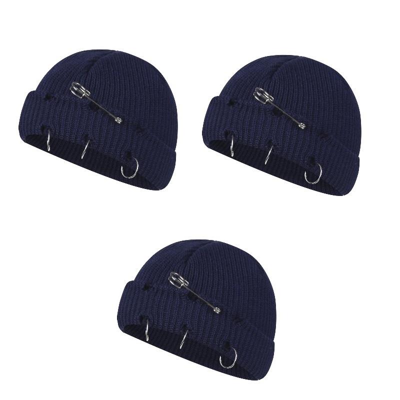 Women Girls Y2k Gothic Beanie Winter Knit Hats Trendy Metal Rings Pin Hip Hop Streetwear Harajuku Skull Cap Emo Scene Grunge