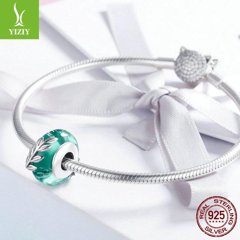 Silver Ziyun Green Leaf Glass Beads Sterling Silver Bracelet - SCC863