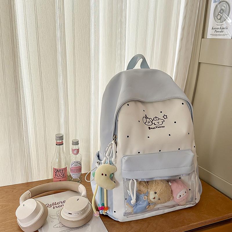 Süße Farbblock-Punkte-Cartoon-Kaninchen-Muster Schultasche Mit Anhänger Für Reisen Und Schule