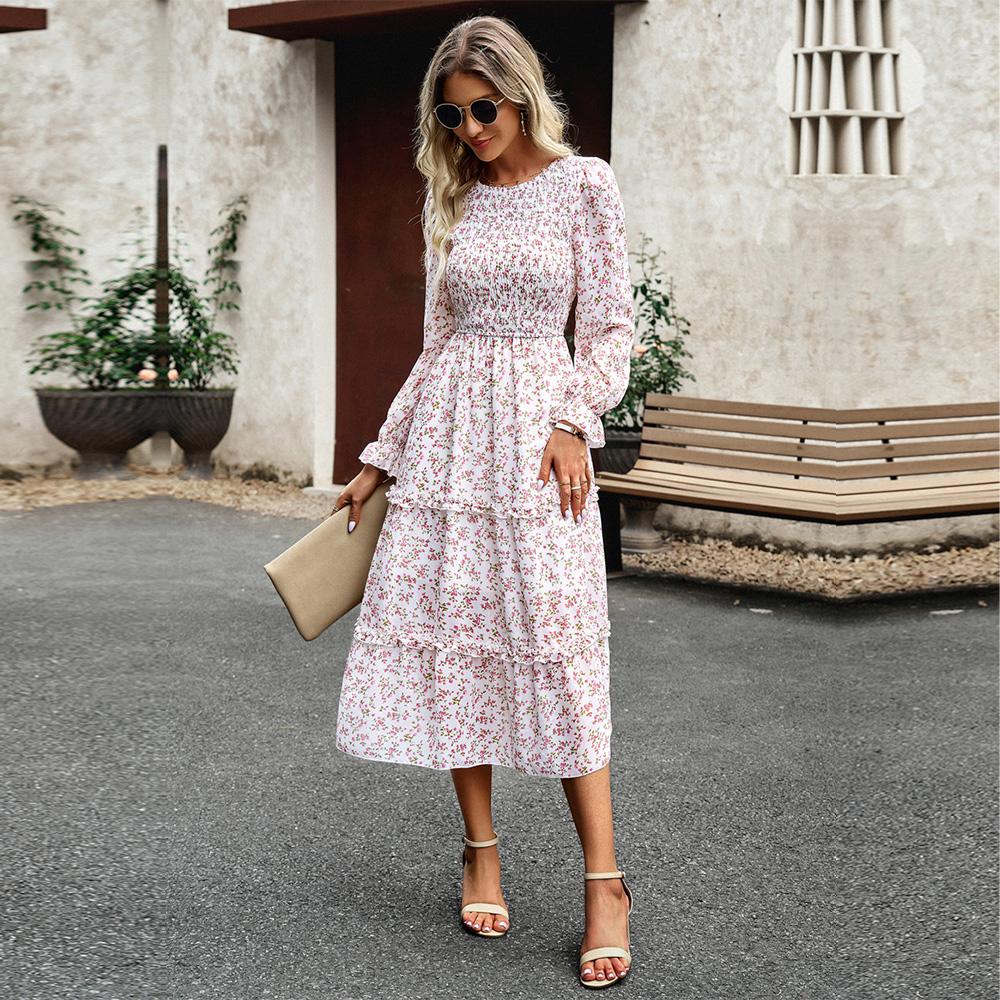 Dámské podzimní elegantní dlouhé potištěné šaty s lucernou s rukávem a vysokým pasem