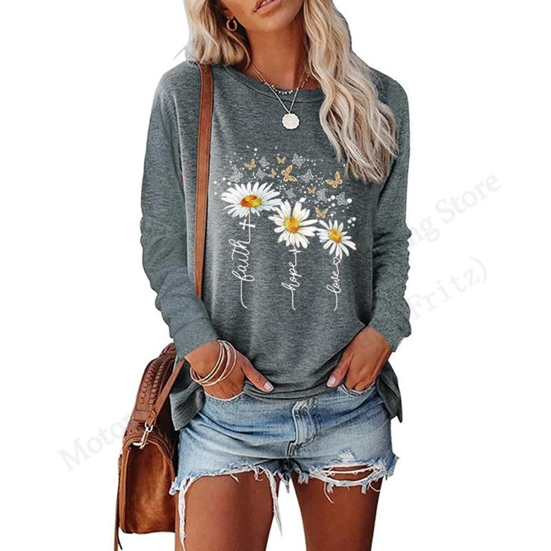 Spring and Autumn Round Neck Small Daisy Flower Pattern 3D Printed Top Fashionable Casual Long Sleeved Women's T-shirts