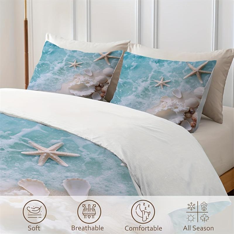 2/3Pcs Beach Waves Shell Print Duvet Cover Set (1 Duvet Cover + 1/2 Pillowcase, Without Core), Summer Ocean Theme Bedding Set