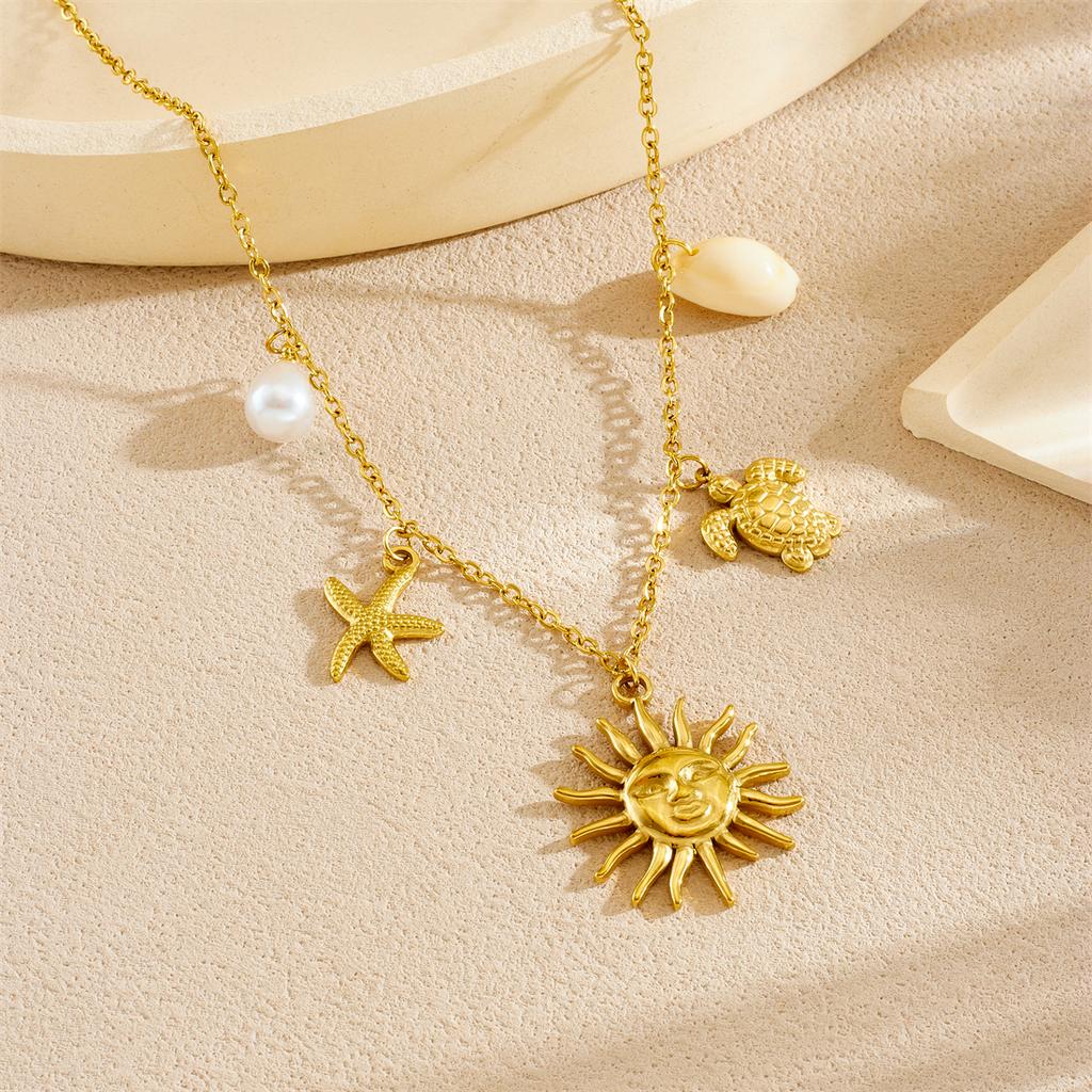 316L Stainless Steel Ocean Style Starfish Tortoise Shell Face Sun Pendant Necklace Women Noble Elegant Neck Chain Gifts
