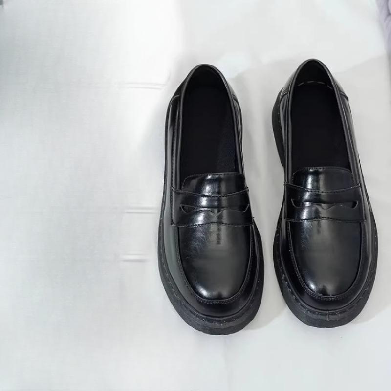 

Soft Leather Thick Heel Thick-soled Height-increasing Loafers for Female Students Retro Shoes 35 чорний