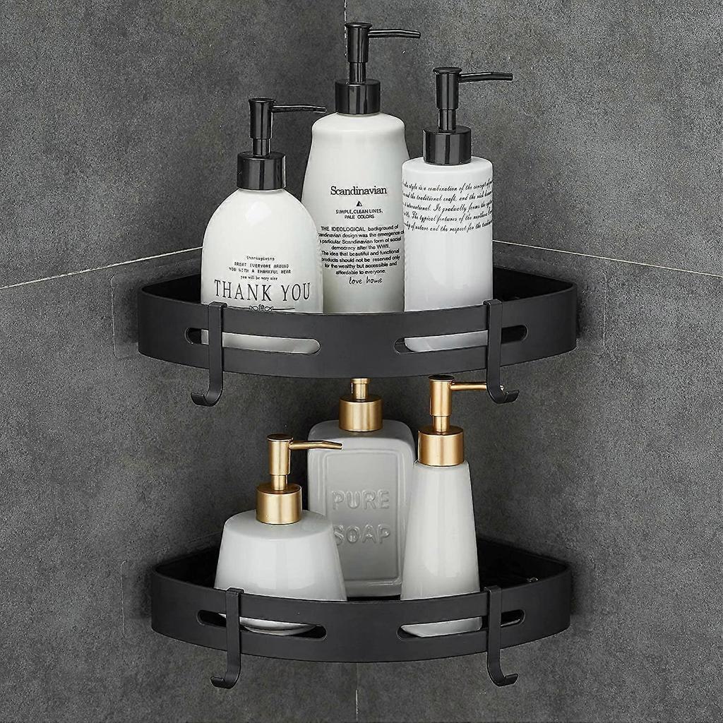 No-Drilling Corner Shower Shelf Metal with 2 Hooks for Shower Anti-Rust Holder Self-Adhesive for Bathroom Items 2 Pieces (Black)