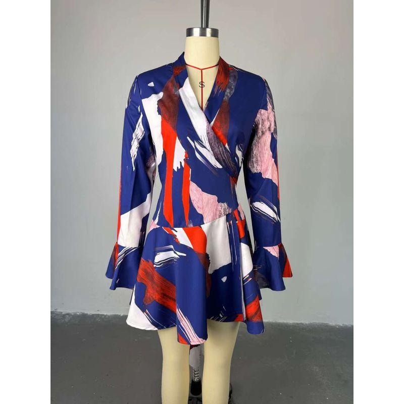 

Fashion Wind New Arrival Fashion Print V-neck Flared Sleeves Dress Printed Flared Sleeve Dress Blue XL
