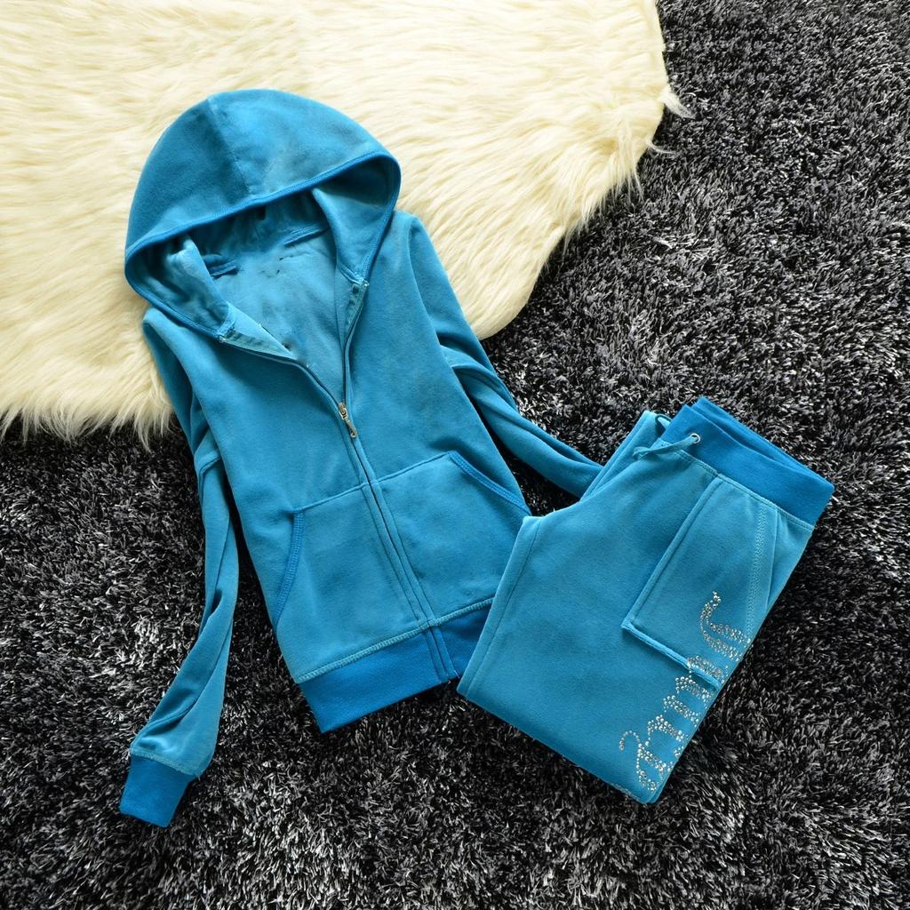 2 Pieces of Women's Outfit Fall Winter Women's Tracksuit Crystal Hoodies and Pant Sets Y2K Velvet Tracksuit