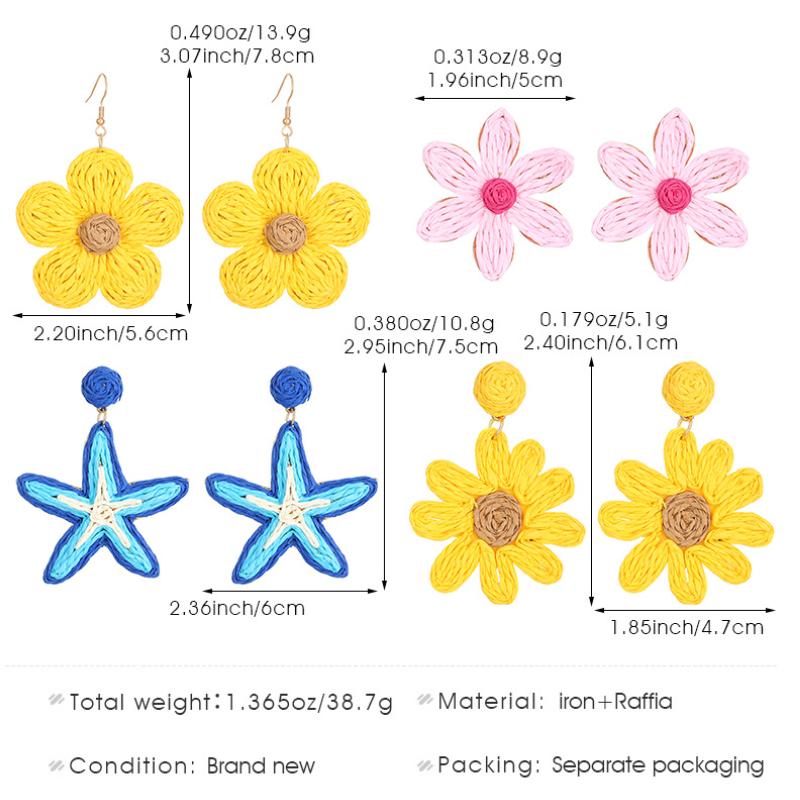 Summer Flower Starfish Dangle Earrings Women Handmade Raffia Dopamine Vacation Style Exaggerated Boho Beach Accessories