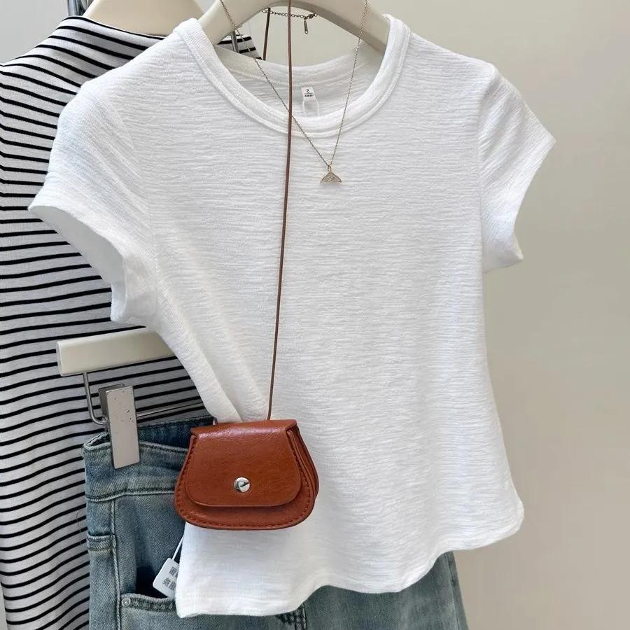 

Women s Crew Neck Tee Slub Fabric with Curved Hem Slim Fit XL білий