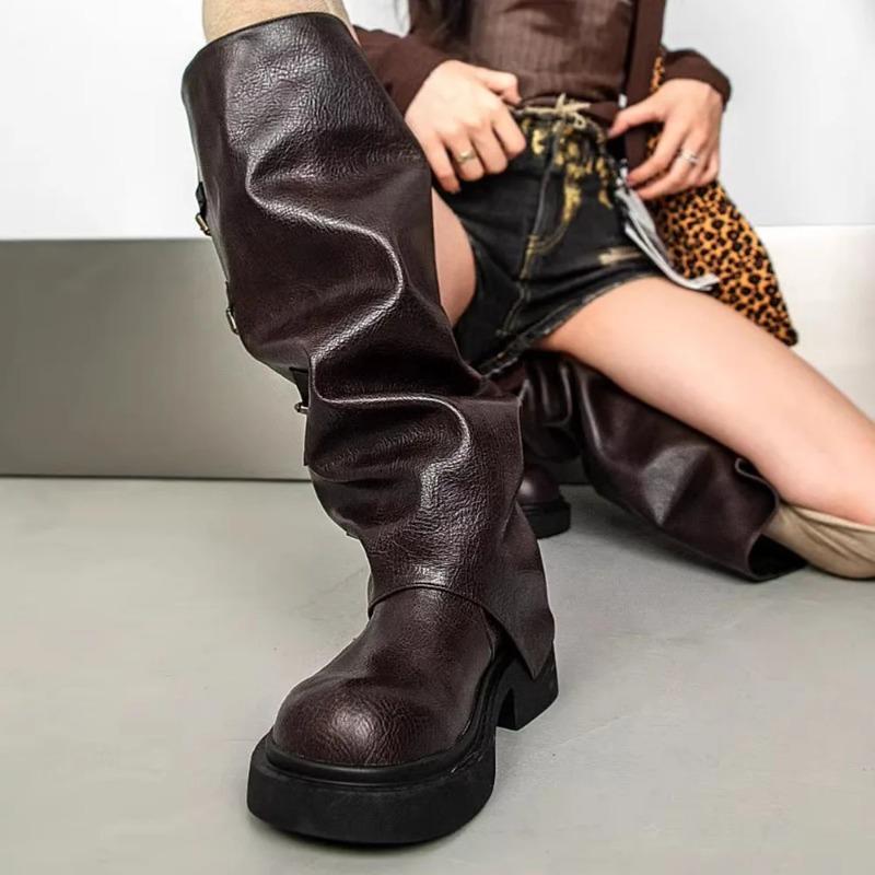 Fashion Brand New Buckle Strap Wasteland Vintage Brown Y2k Knee High Motorcycle Boots Maillard Style Black Trouser Leg Boots Women Shoes