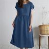 Women's Mid-Length Cotton Linen Dress - Round Neck, Short Sleeve, Solid Color, Pleated, Loose-Fit Casual Design