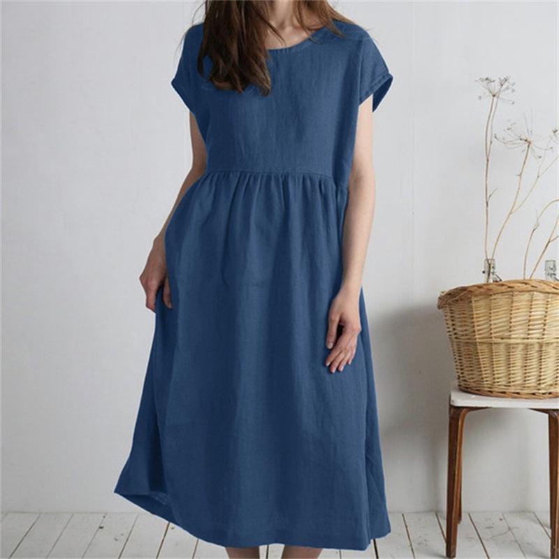 Women's Mid-Length Cotton Linen Dress - Round Neck, Short Sleeve, Solid Color, Pleated, Loose-Fit Casual Design