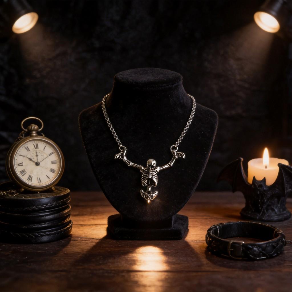 Collana Ciondolo Teschio Gotico Con Pipistrello in Lega per Moda Punk e Decorazione di Halloween