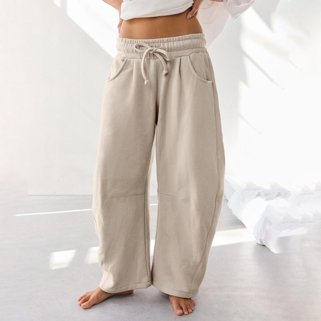 Women's Barrel Leg Sweatpant Drawstring Elastic Waisted Wide Leg Pants Casual Cotton Palazzo Trousers With Pockets