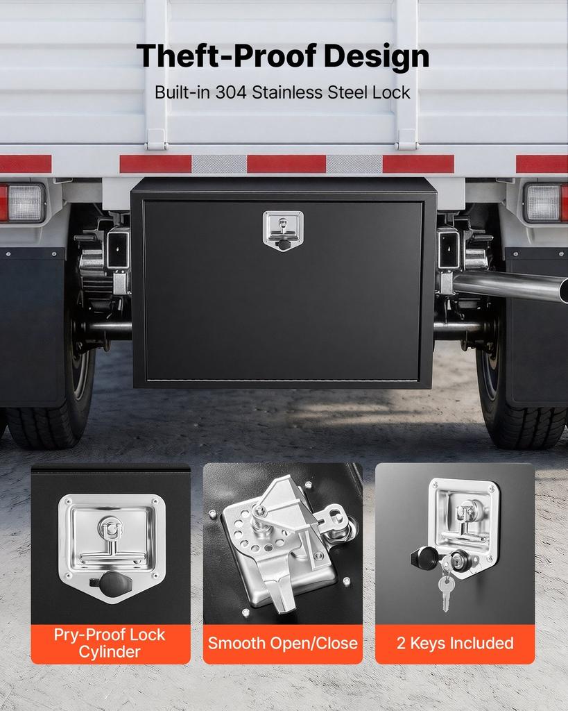 Underbody Truck Tool Box, 914 x 609 x 609 mm Heavy Duty Steel Trailer Storage Box with Lock & Keys, Waterproof Trailer Storage Organizer Under Body