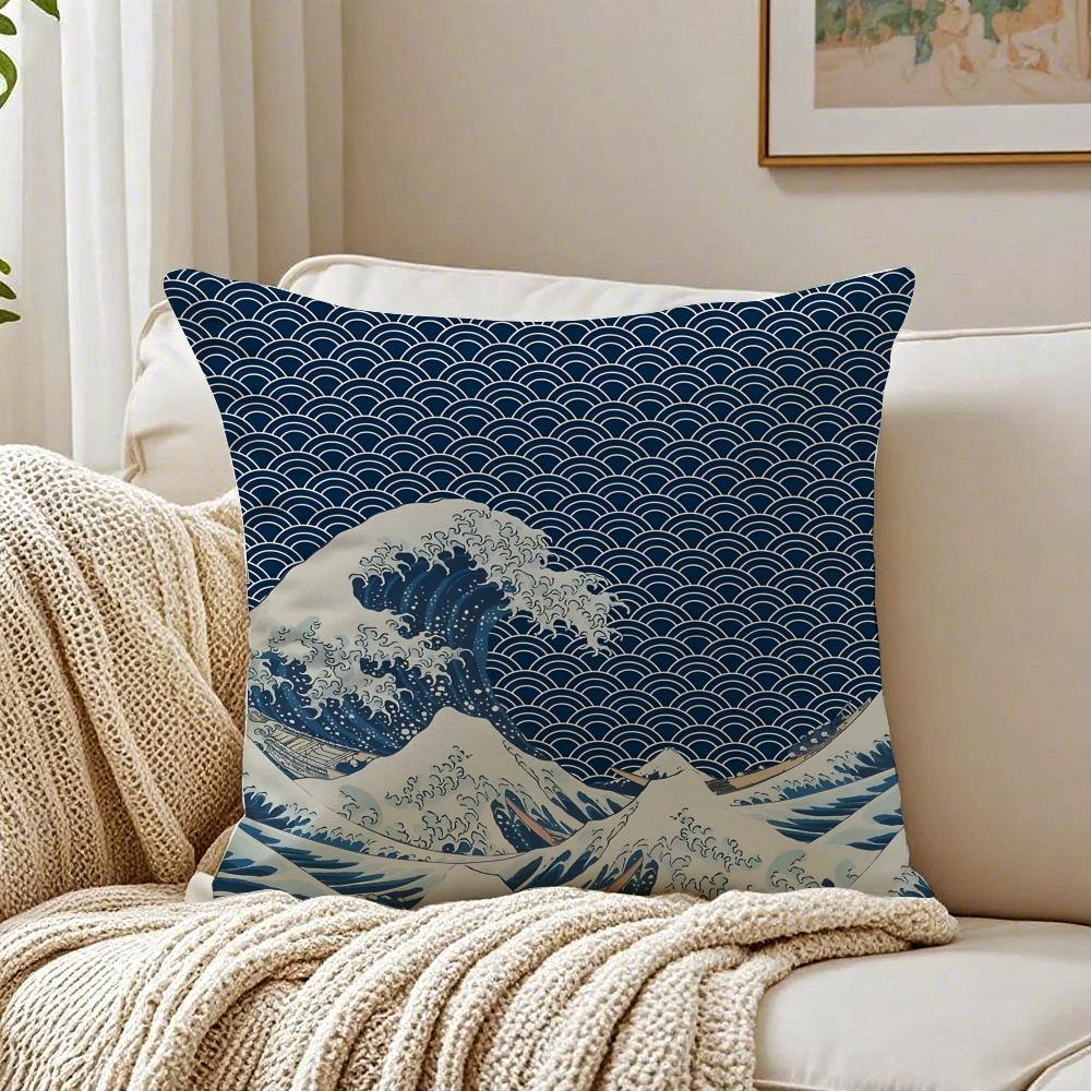 Beautiful Art Japanese Waves Anime Cushion Cover Linen Pillowcase Soft  for Sofa Bed Home Room Decor